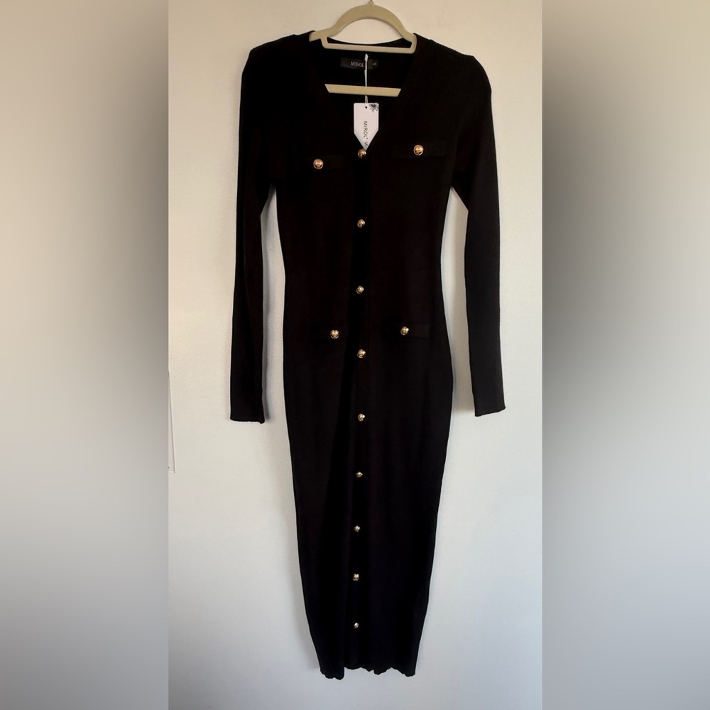 Mirol Black V-Neck Bodycon Long Knit Sweater Dress with Gold Buttons, Sz.S